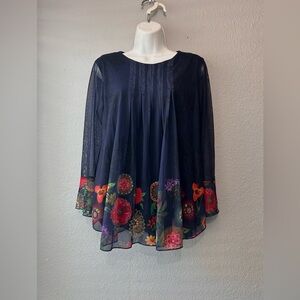 Desigual Rachel Blue Floral Top Blouse Mesh Tunic Medium Boho Bell Sleeves Fairy